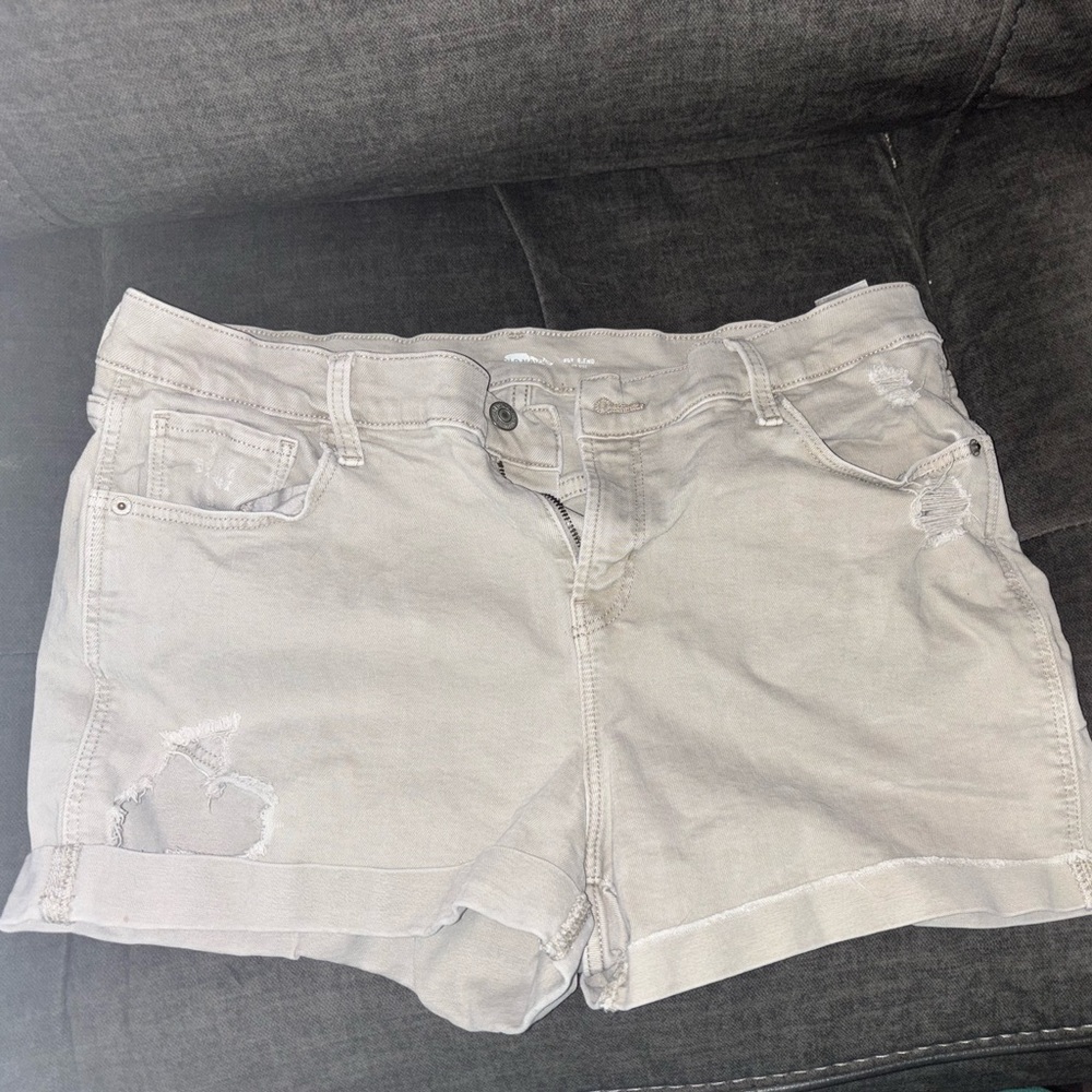 Old Navy Tan Boyfriend Midi Distressed Denim Shorts